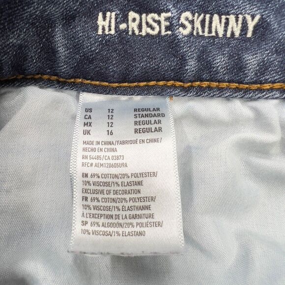 AE American Eagle High Rise Skinny Jeans 12 Regular Medium Wash Whiskered - Picture 9 of 15